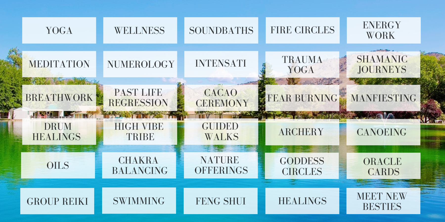 Infographic of different classes on retreat. Classes include yoga, wellness, soundbath, trauma yoga, intensati and more!